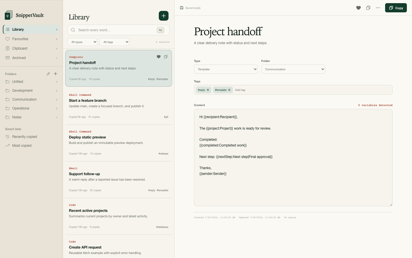 SnippetVault’s library with synthetic templates, commands, and notes.