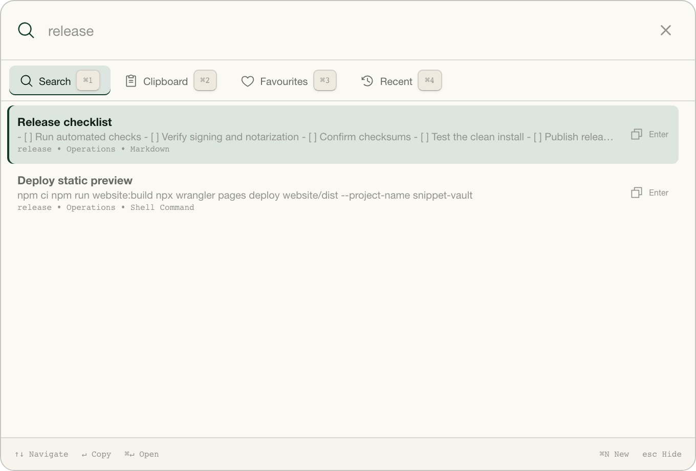 SnippetVault Quick Search showing release-related results.