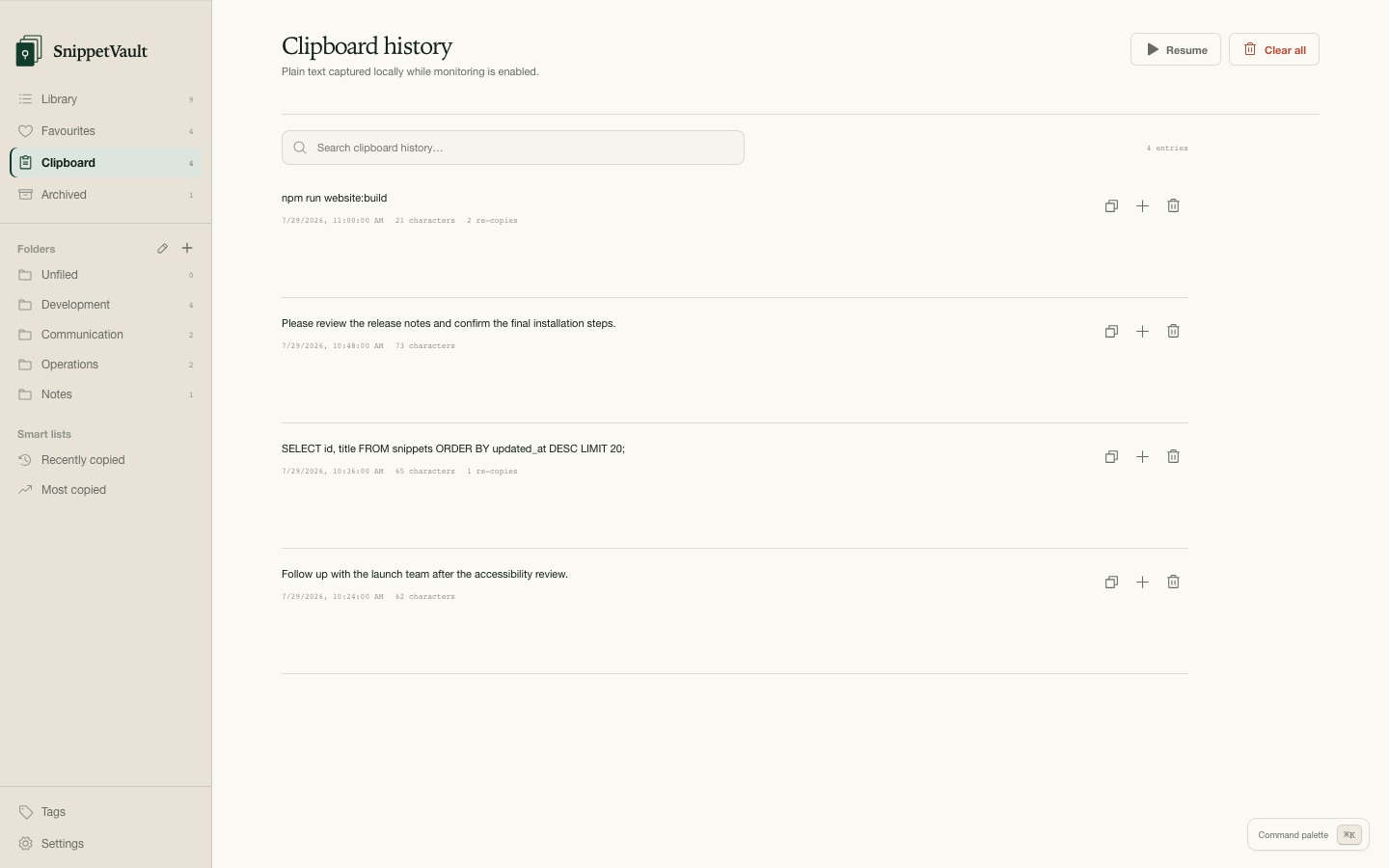 Paused clipboard history containing synthetic commands and notes.