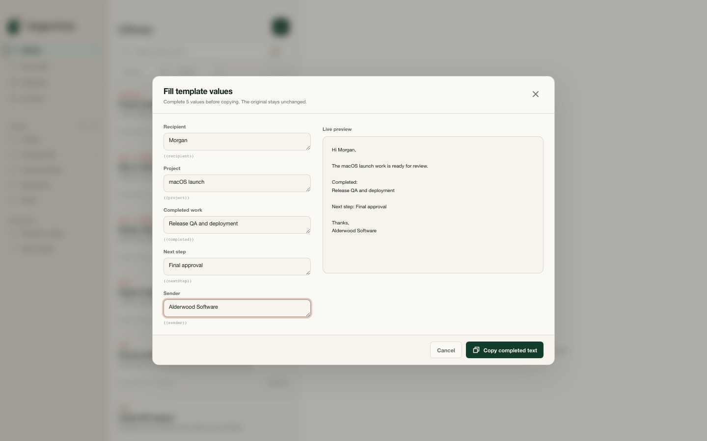 Template variables filled with synthetic values and a live preview.
