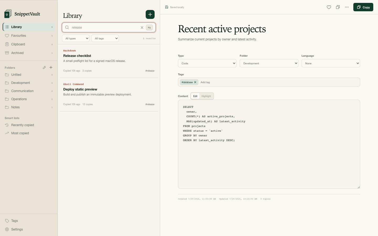 SnippetVault search results for release-related snippets.